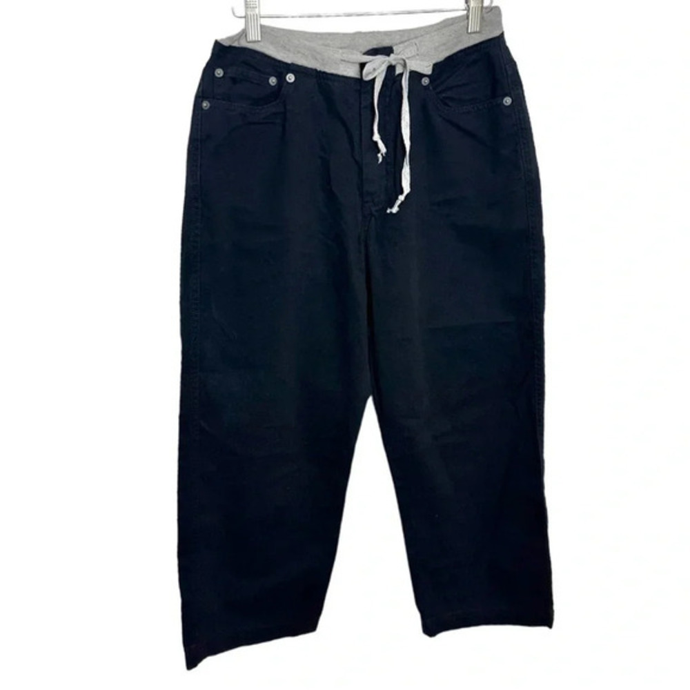 Weekendz Off Cropped Pants 6 Black Contrast Elastic Drawstring Waist Wide Leg